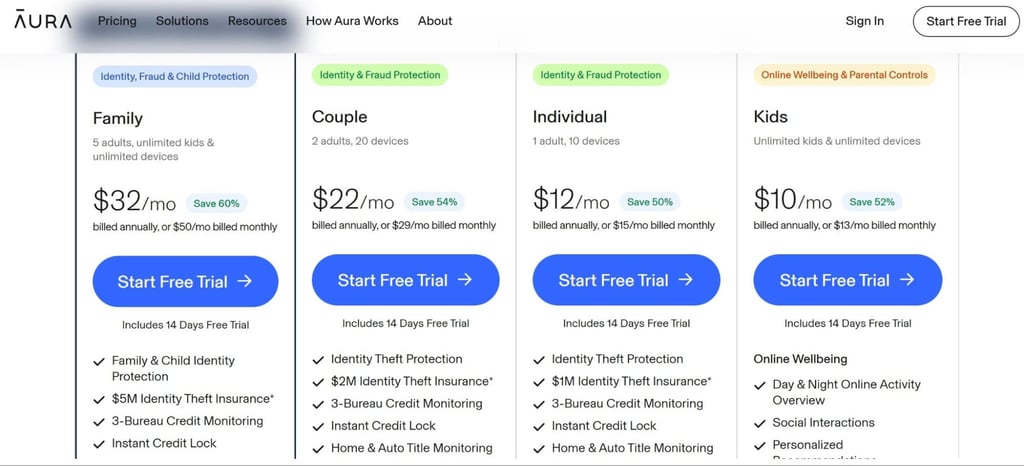 Aura official website - pricing plans