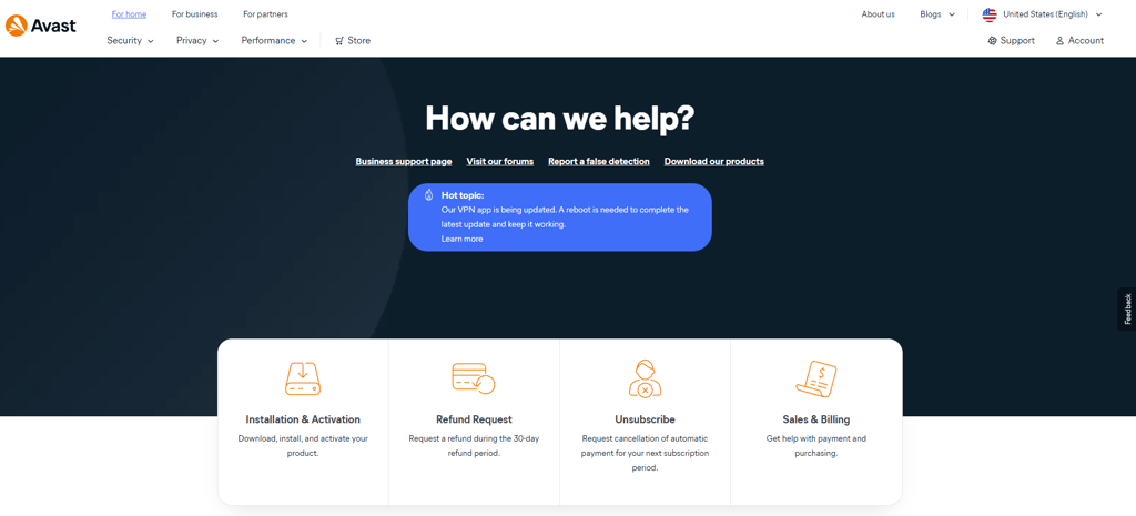 Avast customer support page