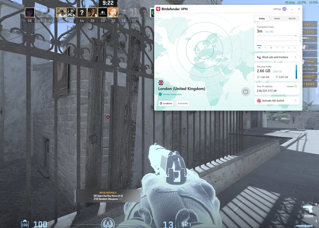 Bitdefender Premium VPN connected while playing CS2