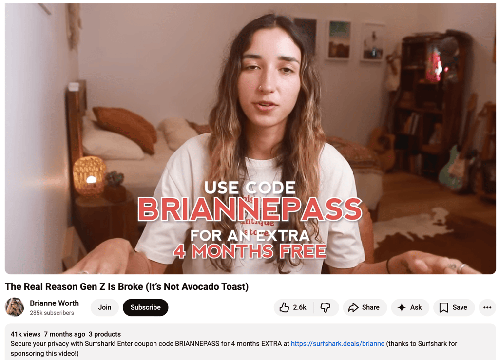 Brianne Worth video with a Surfshark coupon code