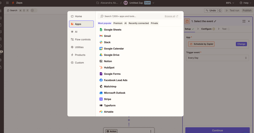 Browsing available apps in Zap