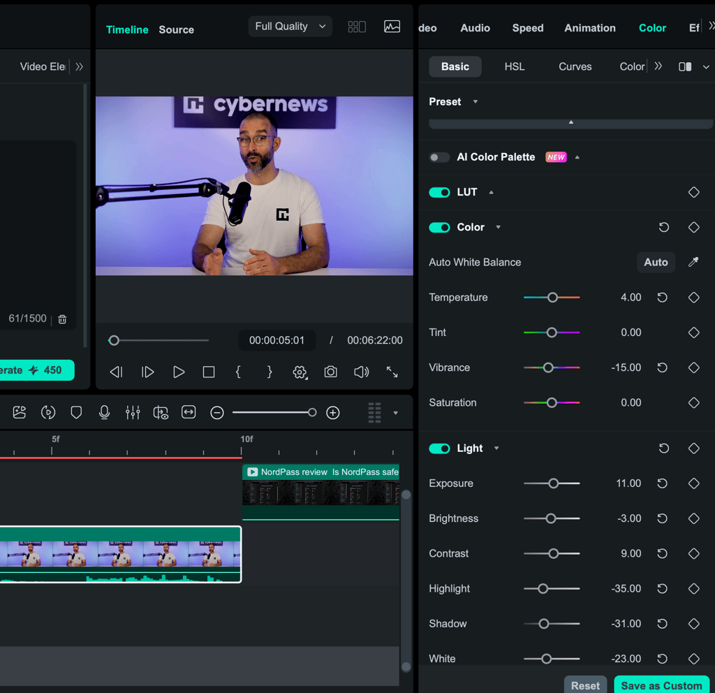 Color grading and correcting in Wondershare Filmora