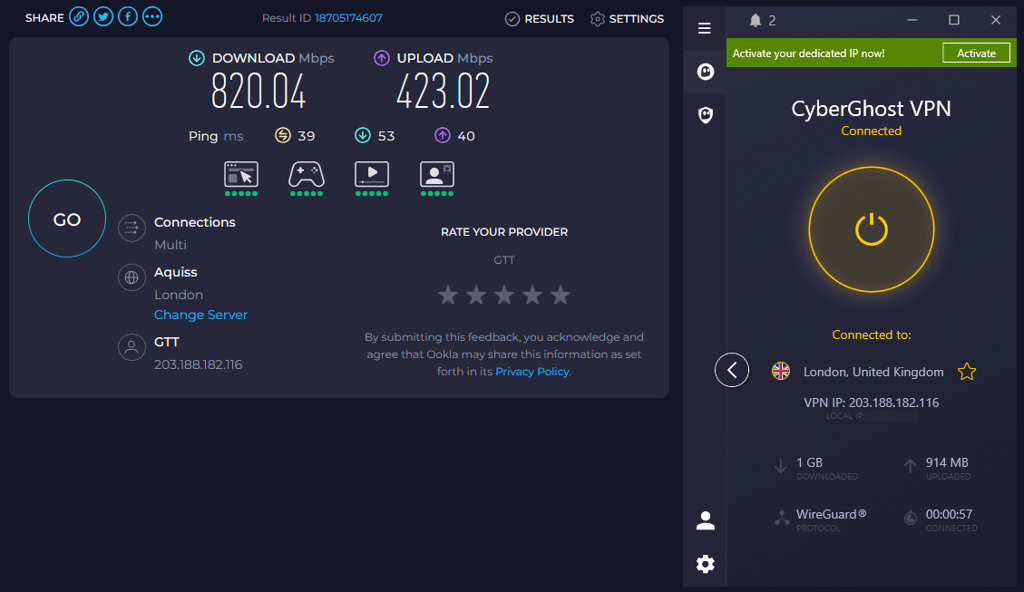 CyberGhost VPN speed test results