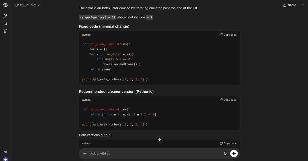 ChatGPT 5.2 fixes the code without much elaboration