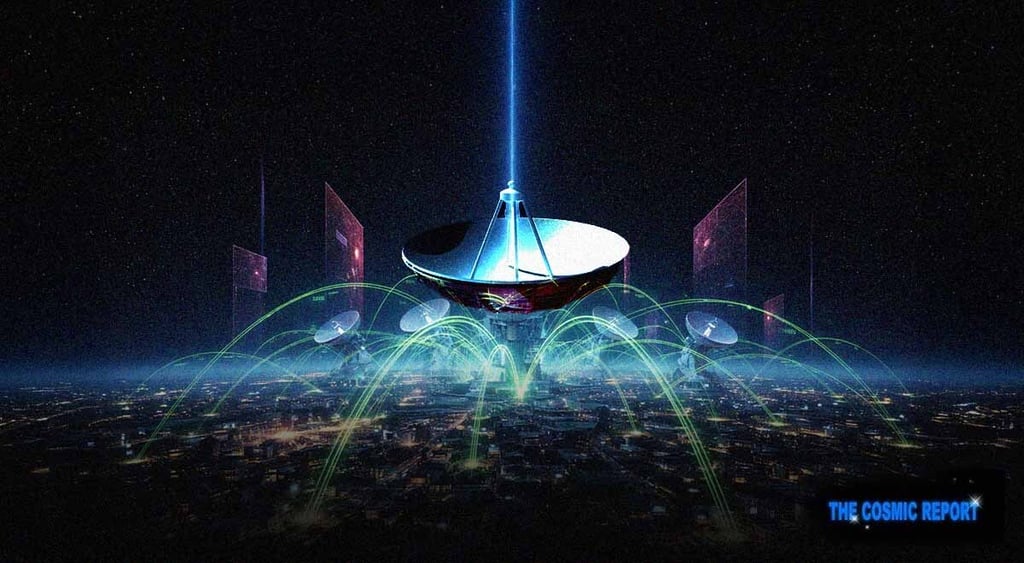 A satellite receiving a sequence of signals from Earth.