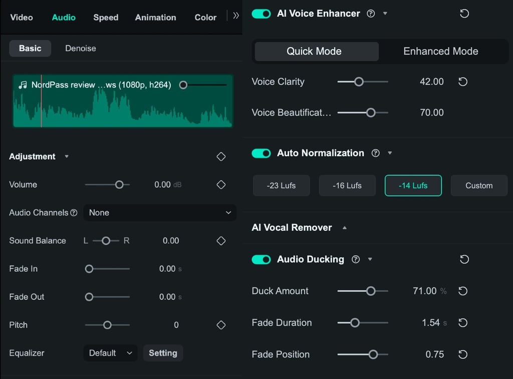 Fine-tuning audio in Filmora using AI Voice Enhancer, normalization, and ducking tools