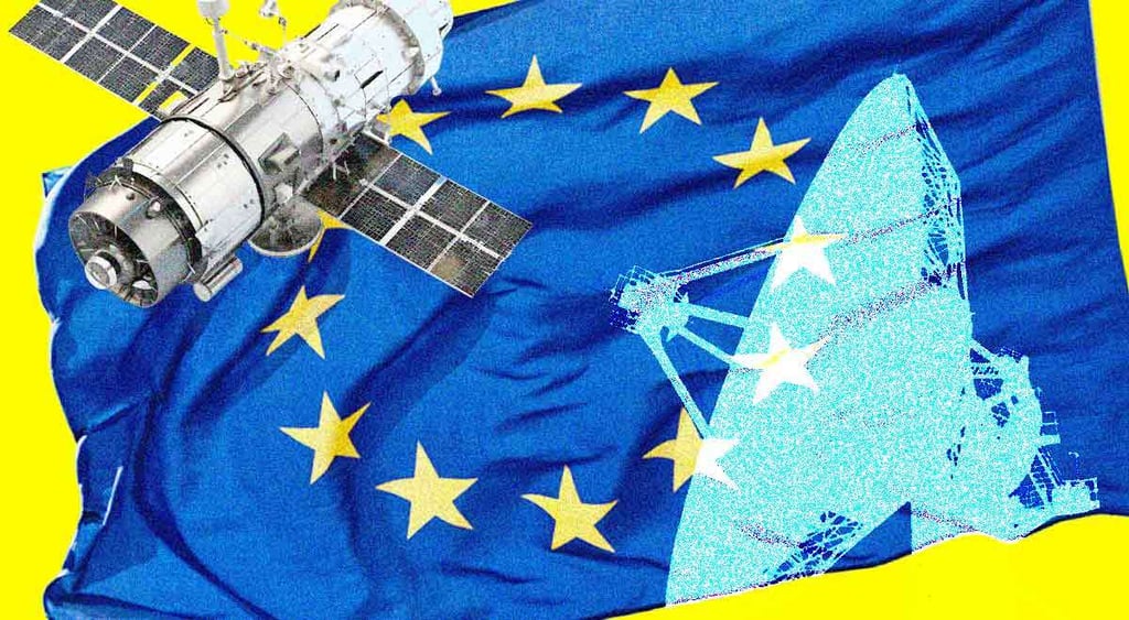 A satellite and a European Union flag