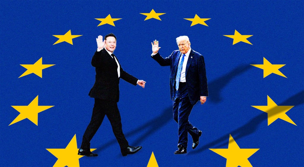 Donald Trump and Elon Musk and the European Union flag on the background