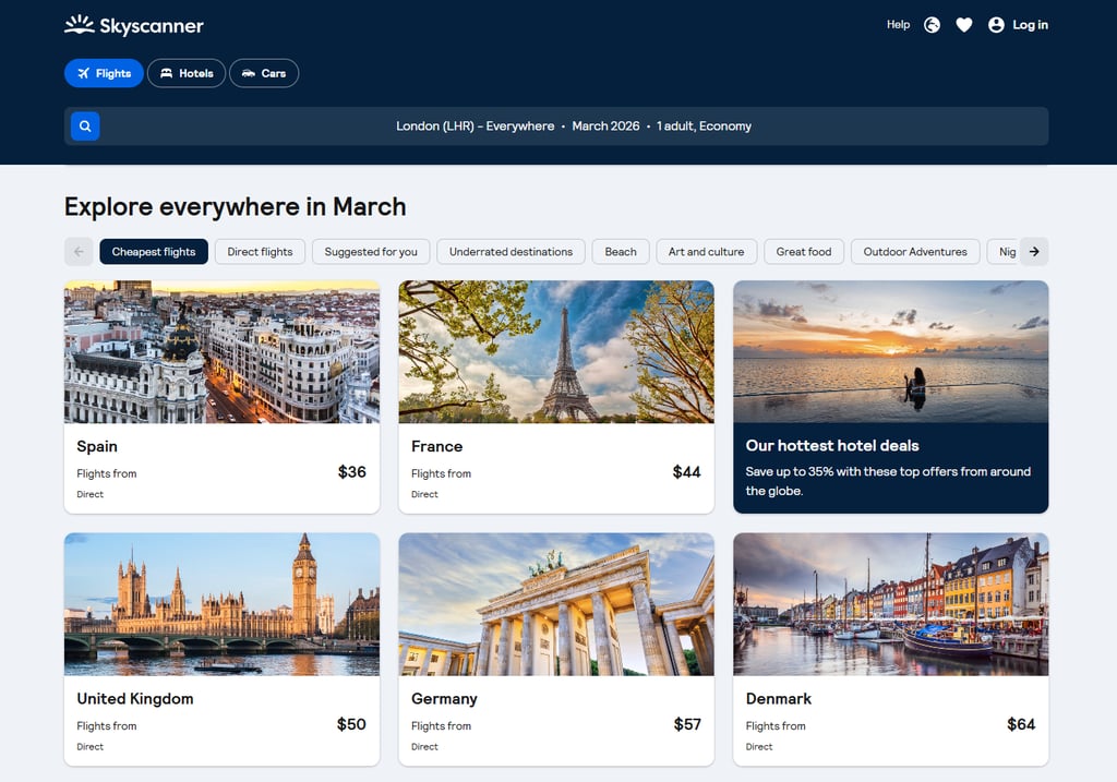 Skyscanner's Everywhere feature with flexible dates