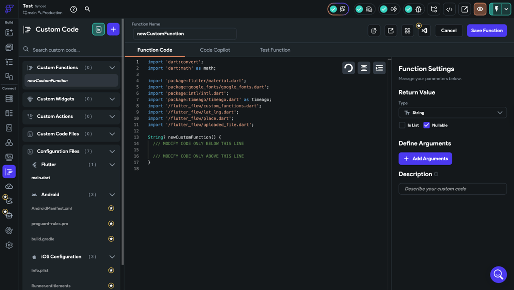 FlutterFlow custom code panel