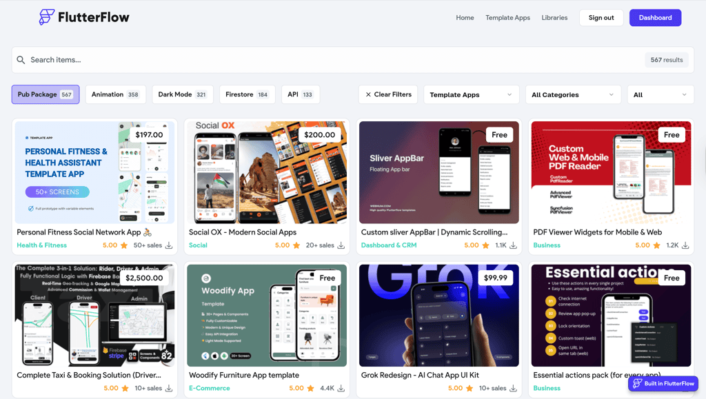 flutterflow template galleries
