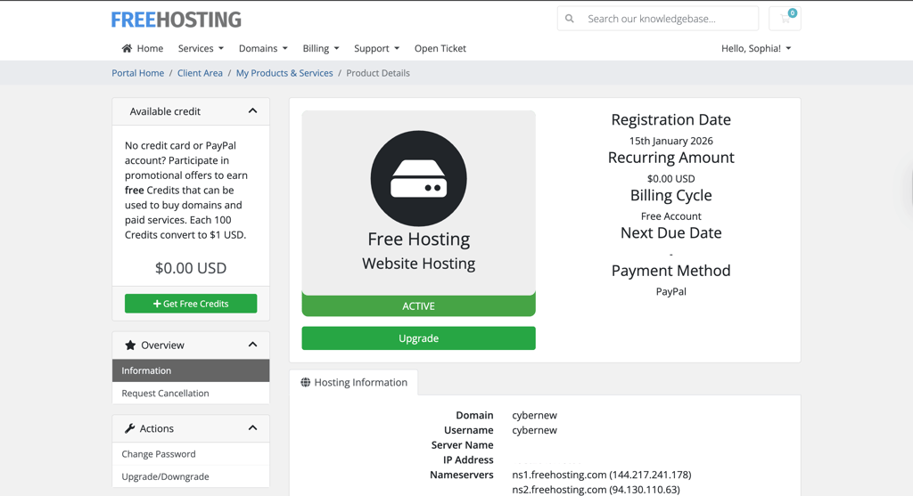 FreeHosting.com Product Details interface