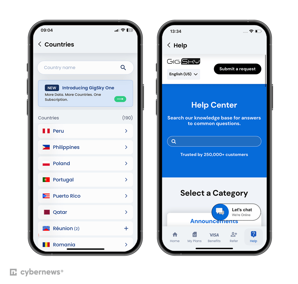 GigSky app interface on iOS for the Philippines plans