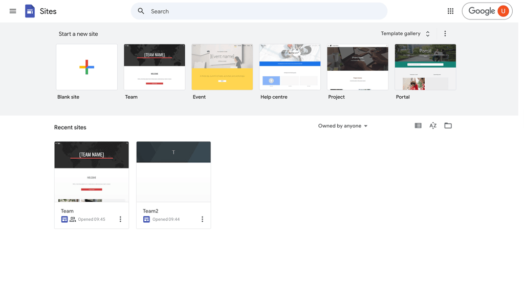 Google Sites homepage interface
