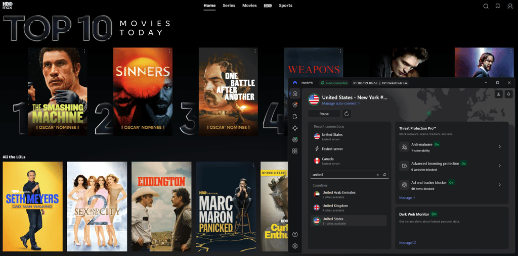 HBO Max unblocked with NordVPN
