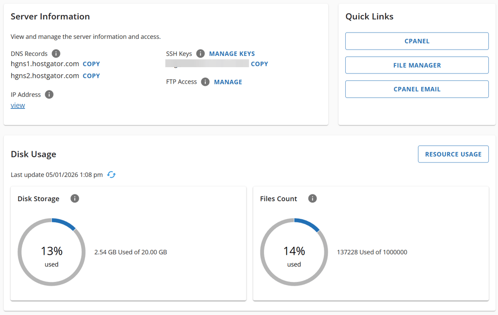 HostGator server information
