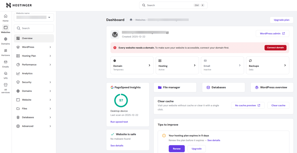 Hostinger hPanel dashboard
