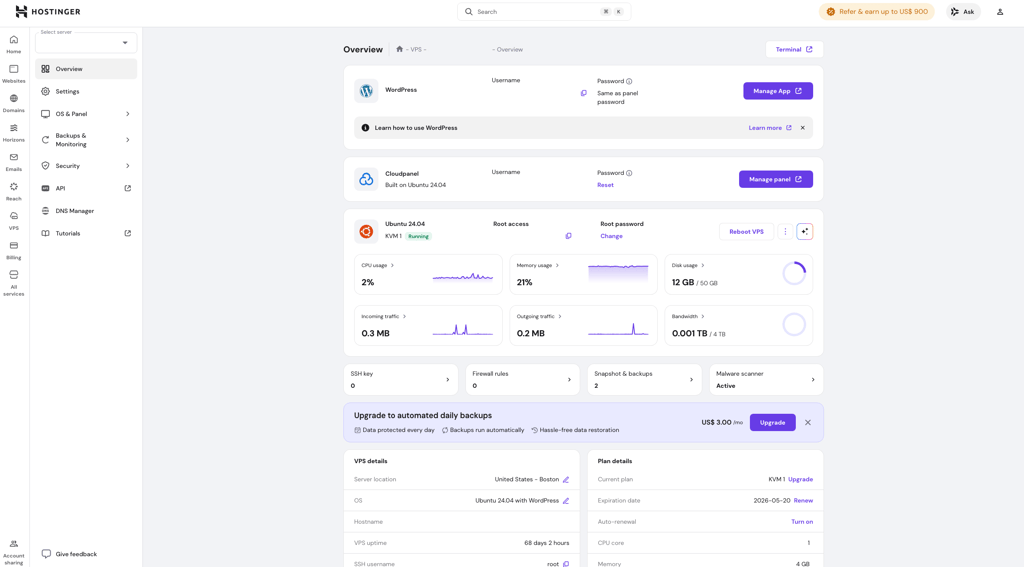 Hostinger VPS interface
