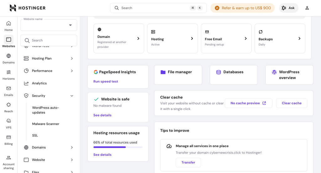 Hostinger dashboard overview 
