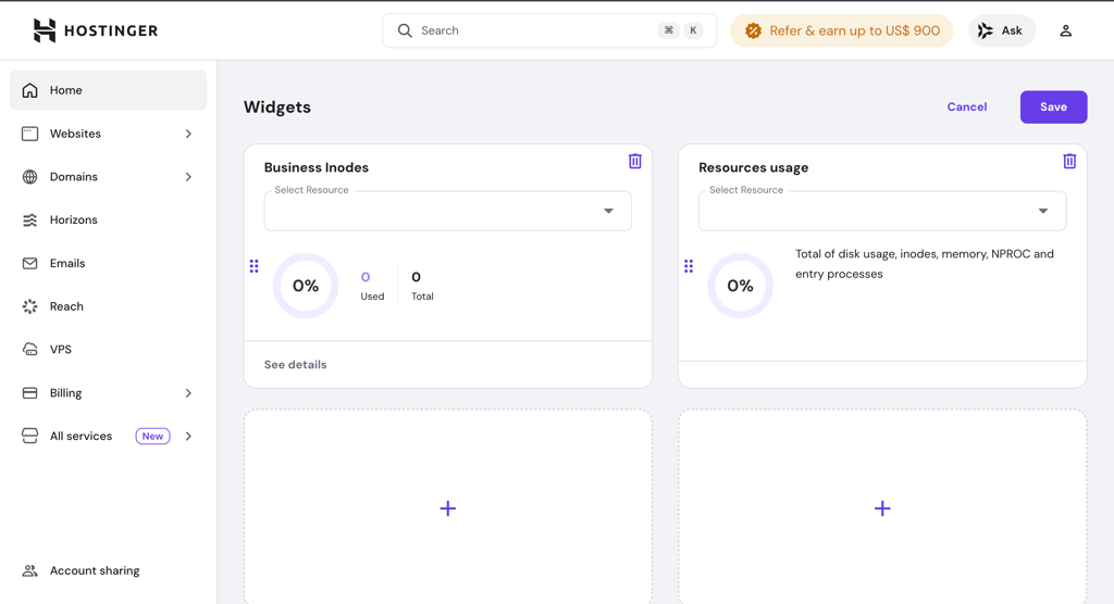 Hostinger dashboard widgets