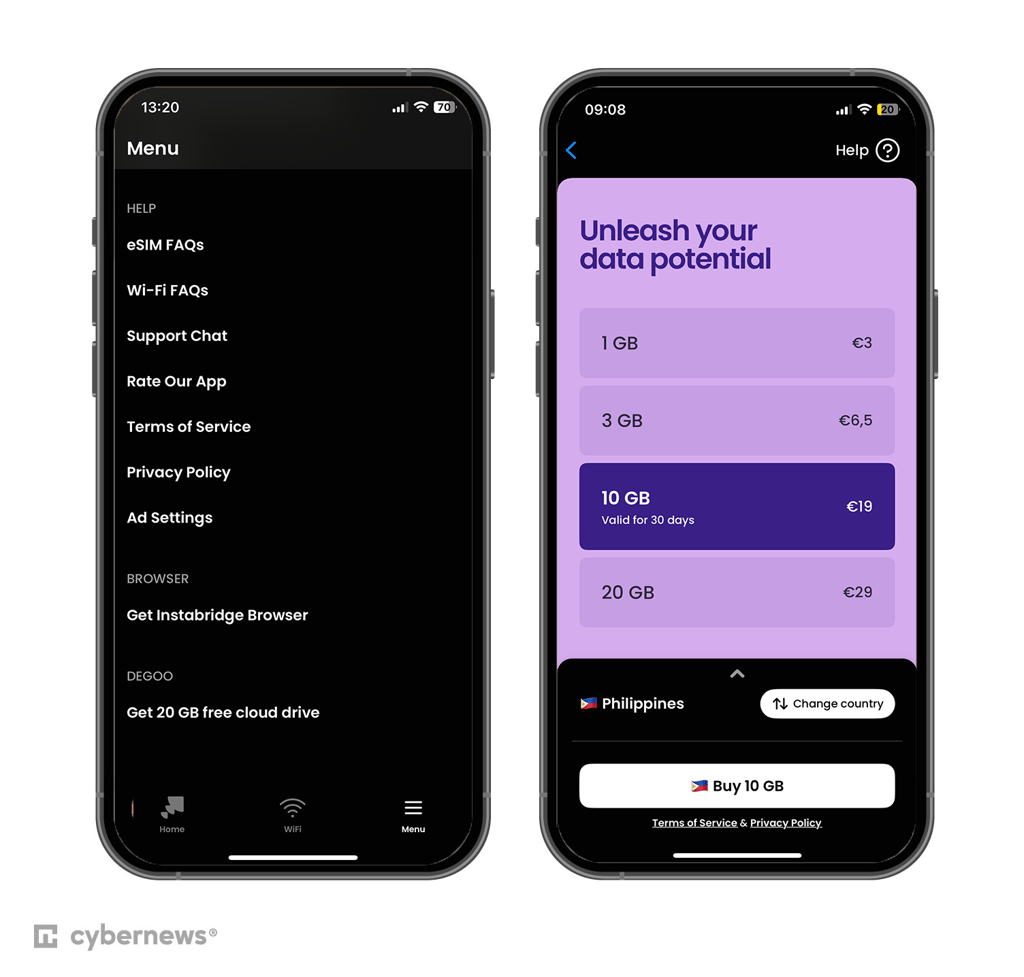 Instabridge app interface on iOS for the Philippines plans