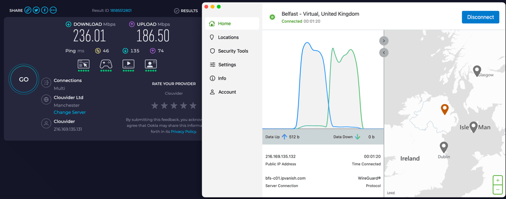 Internet speed when connected through IPVanish