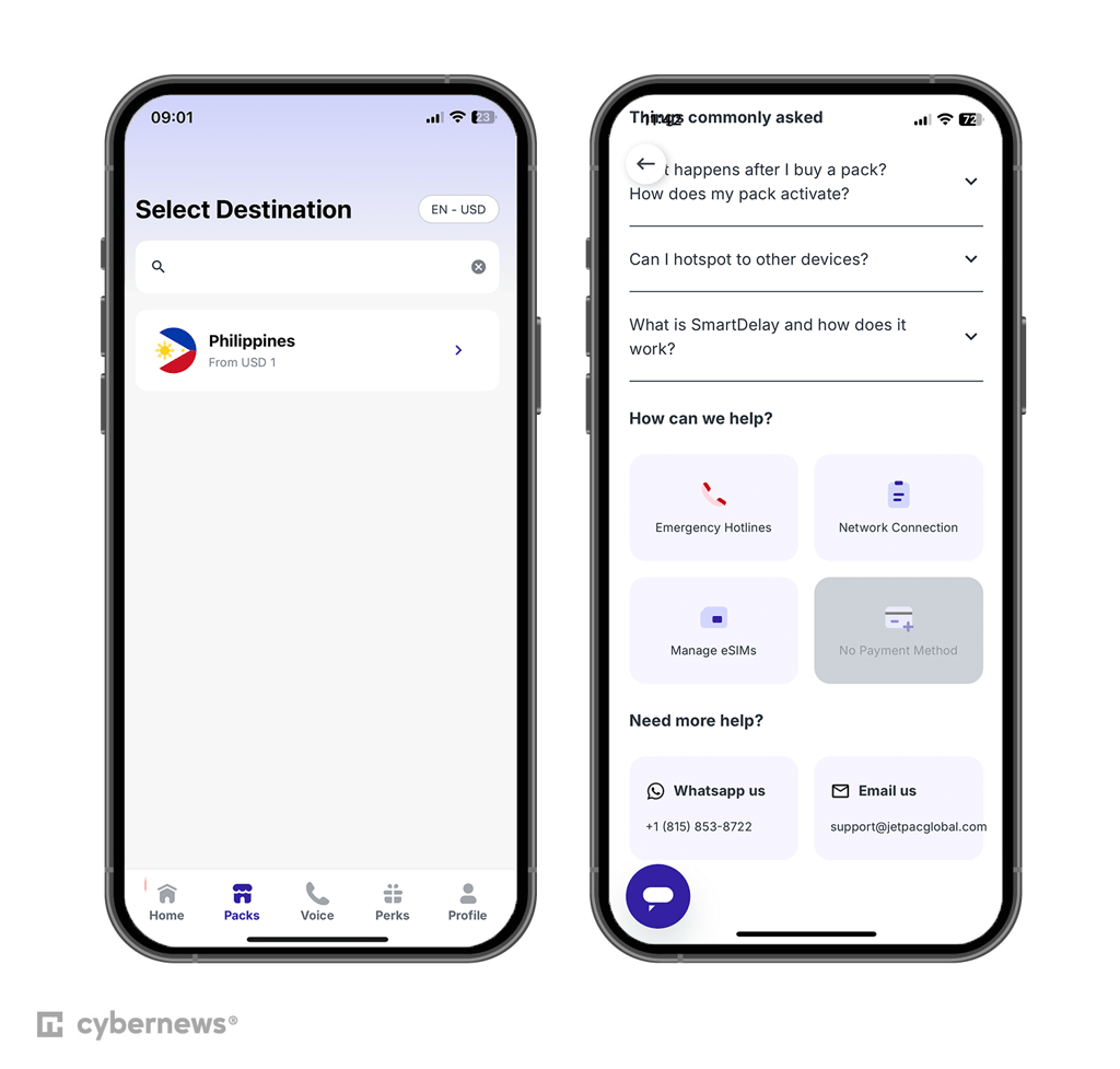 Jetpac app interface on iOS for the Philippines plans