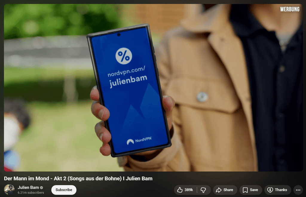 NordVPN promo on Julien Bam channel