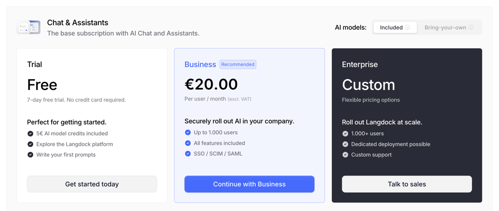 Langdock’s basic subscription pricing