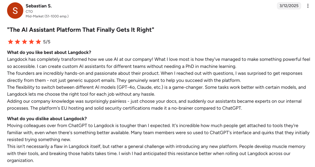Real user review about Langdock on G2