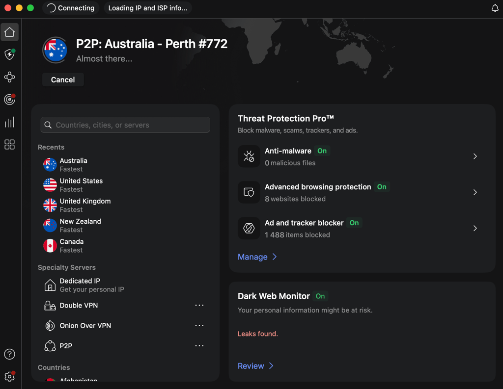 NordVPN connected to Australia