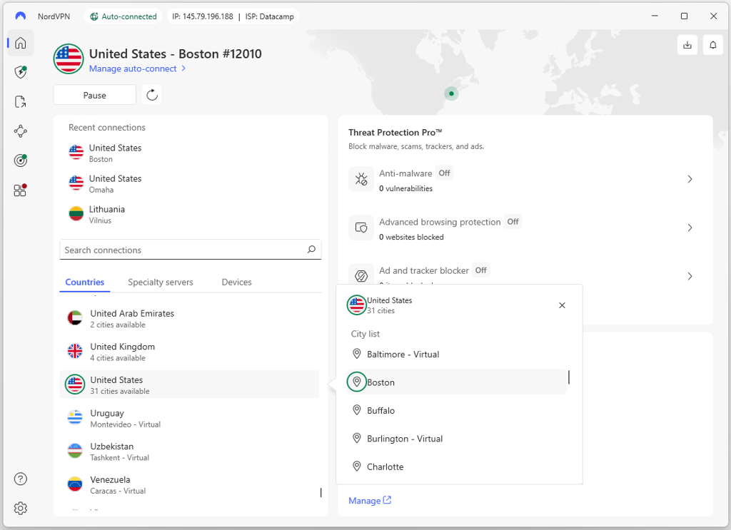 NordVPN connected to Boston server