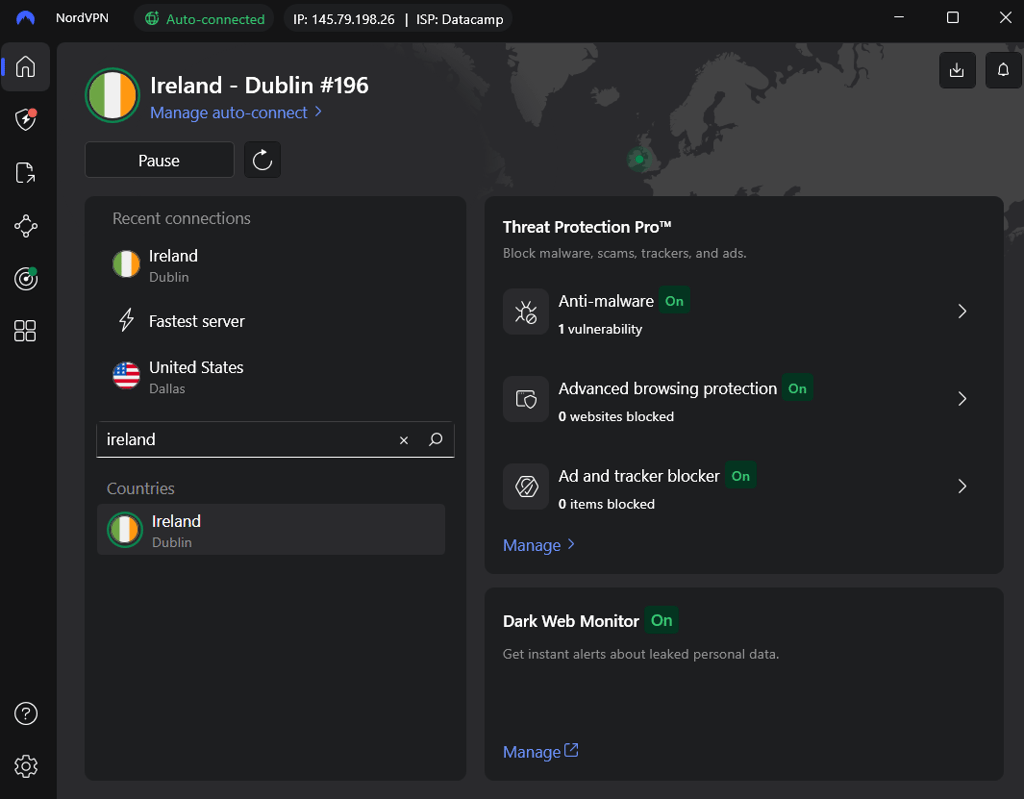NordVPN connected to Irish server