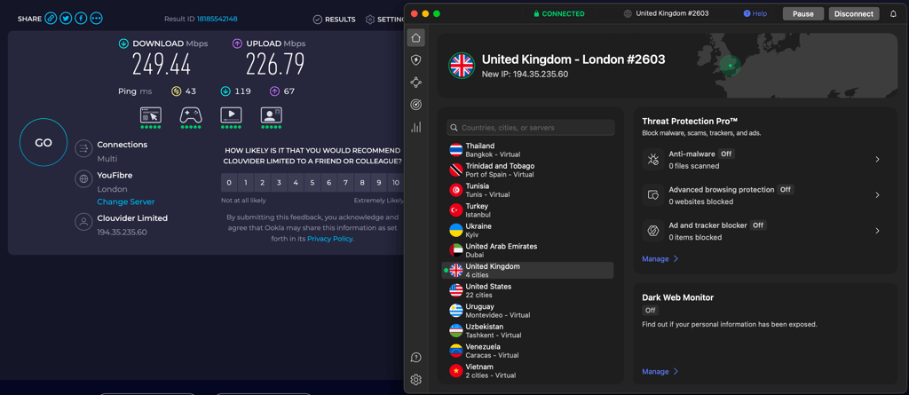 Internet speed when connected through NordVPN
