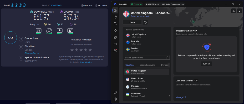 NordVPN speed test results