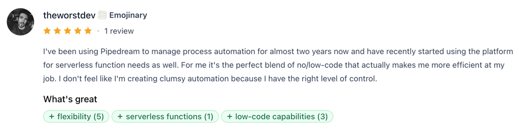 Real user review about Pipedream on Product Hunt