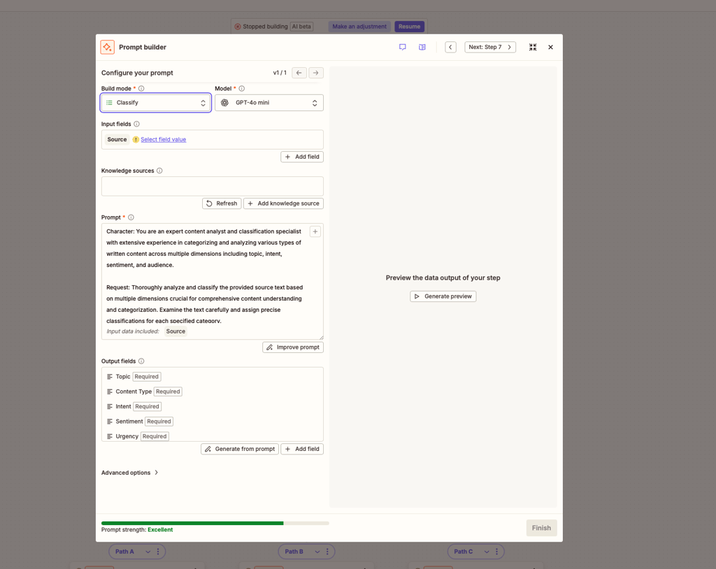 Prompt builder of AI by Zapier step lets you describe exactly what AI has to do