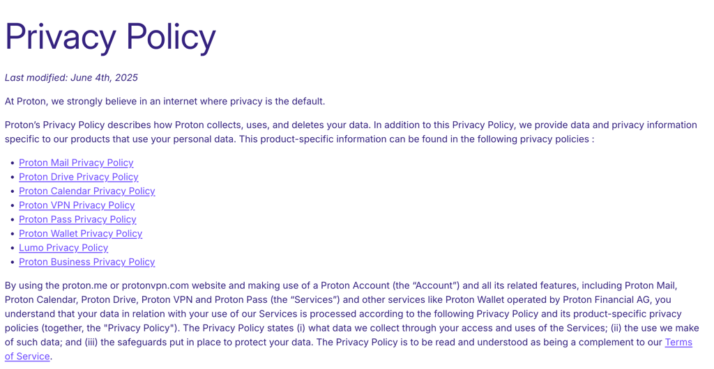 proton vpn privacy policy
