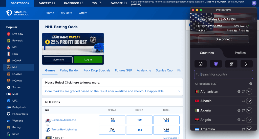 FanDuel unblocked with Proton VPN
