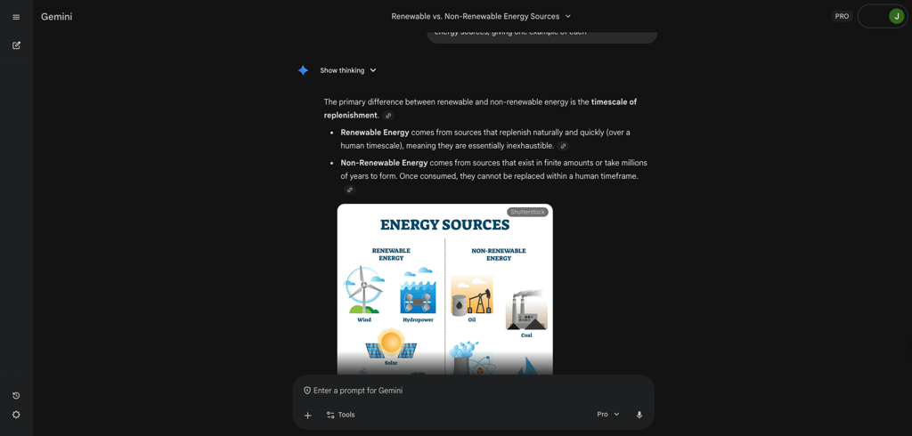 Gemini 3 Pro’s explanation of renewable energy sources – tight and definition-focused