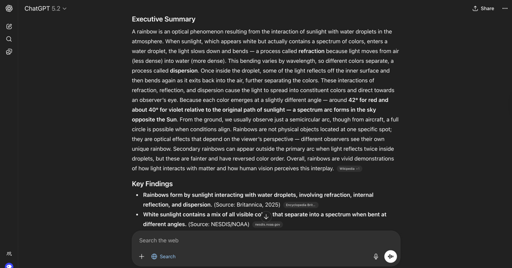 ChatGPT 5.2’s web search result with sources attached