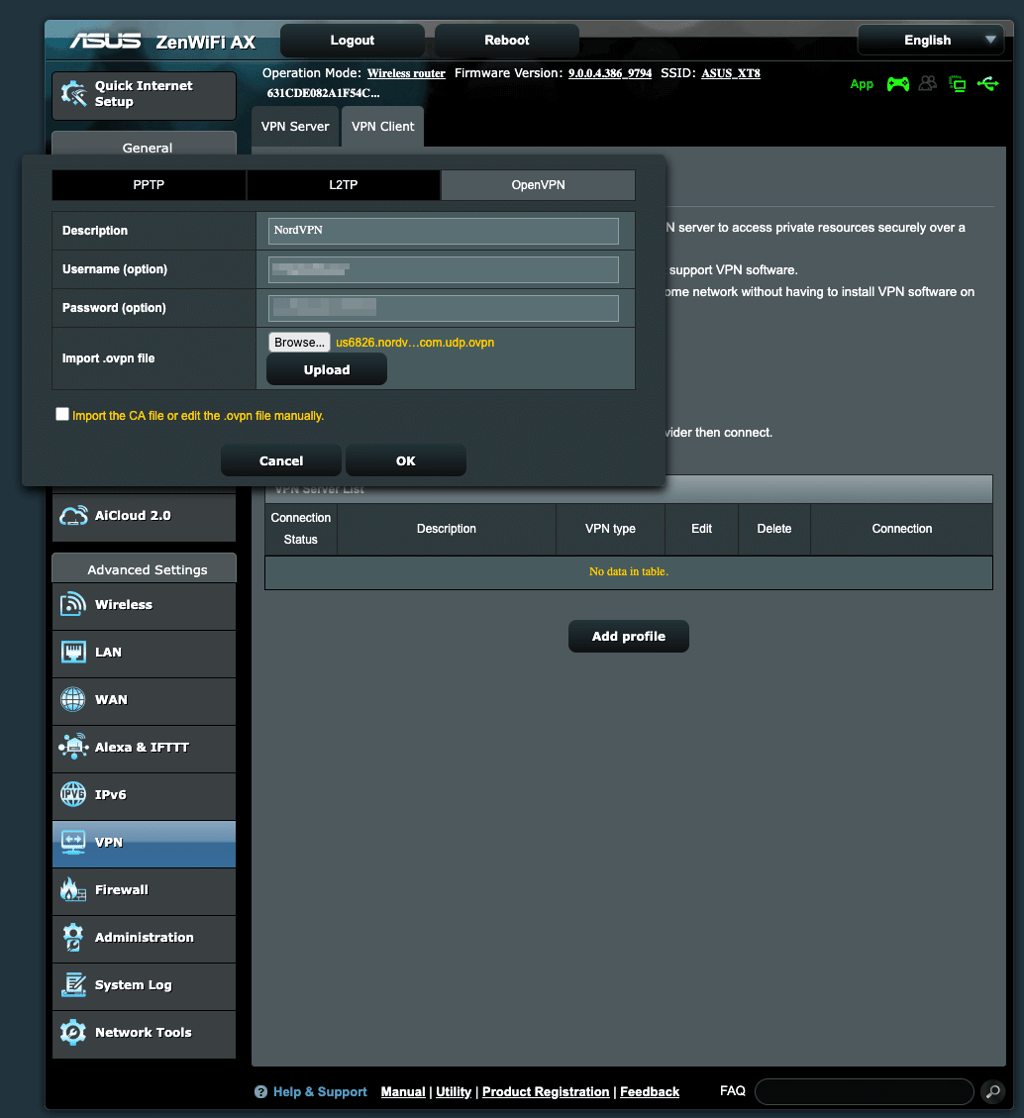 Router settings window