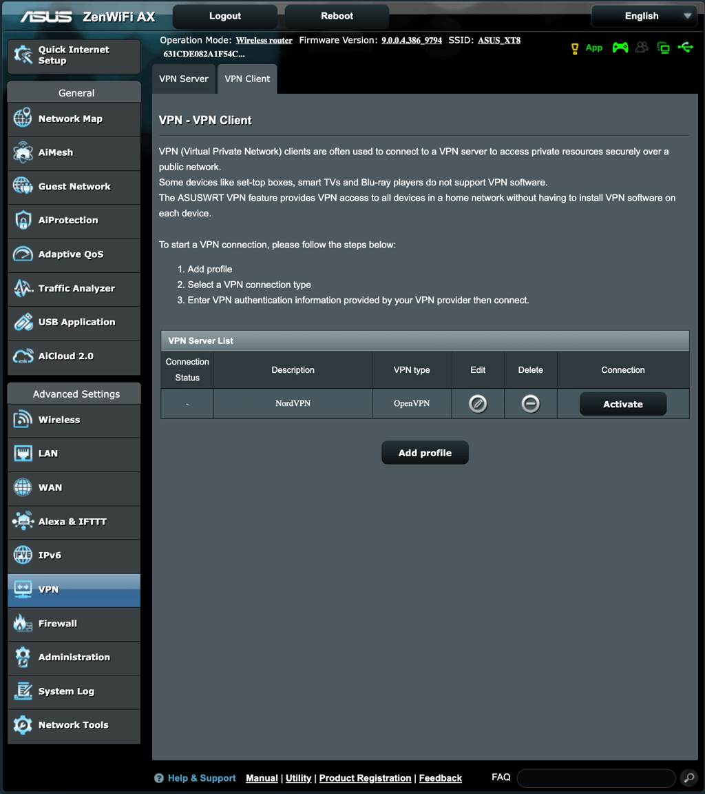 Router settings window