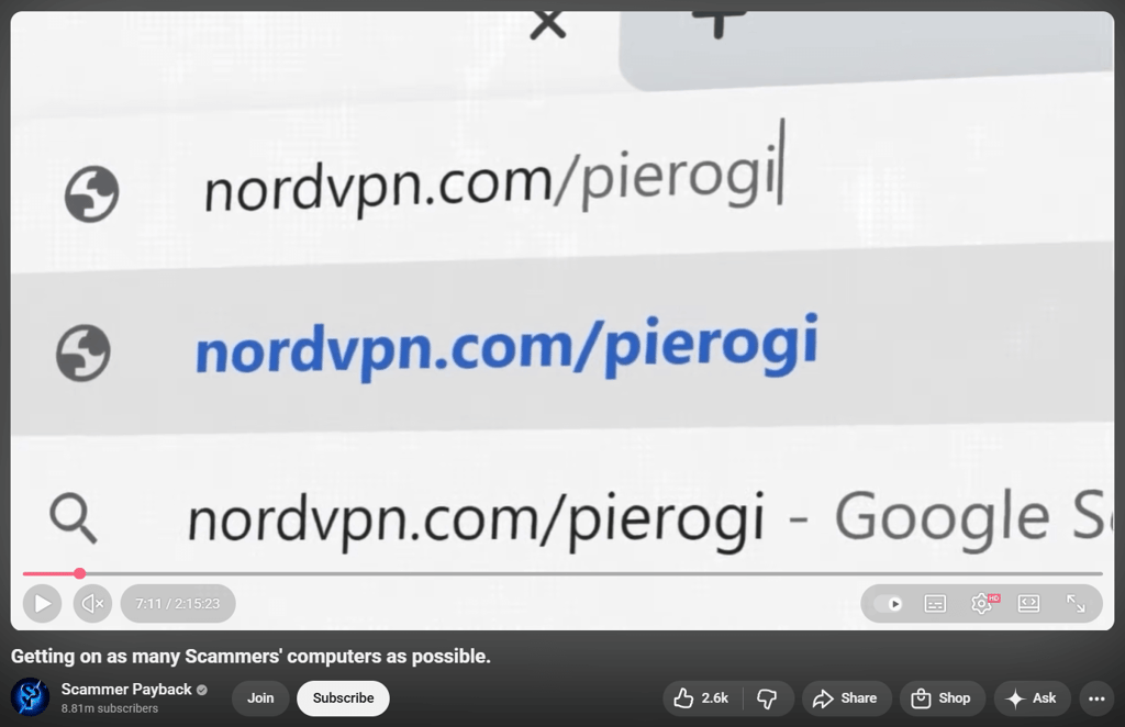 NordVPN code on Pierogi (Scammer Payback) channel