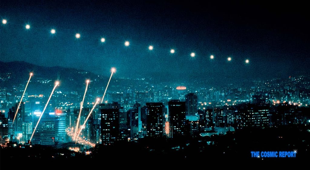 Forces in Seoul shooting down some bright lights at night.
