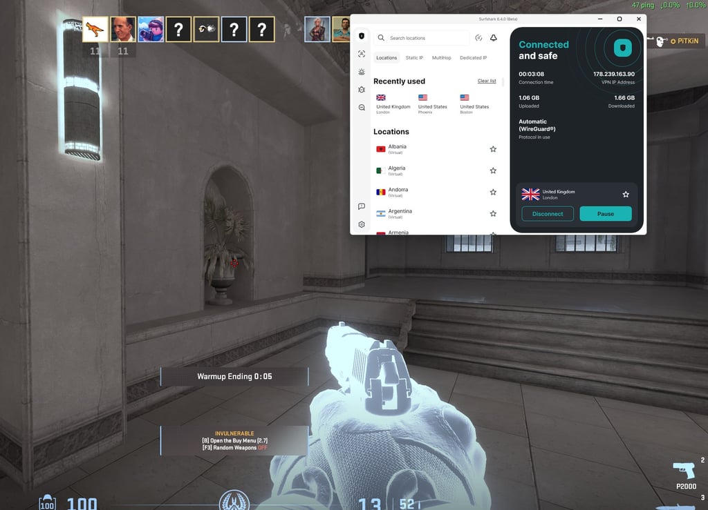 Surfshark connected while playing Counter-Strike 2