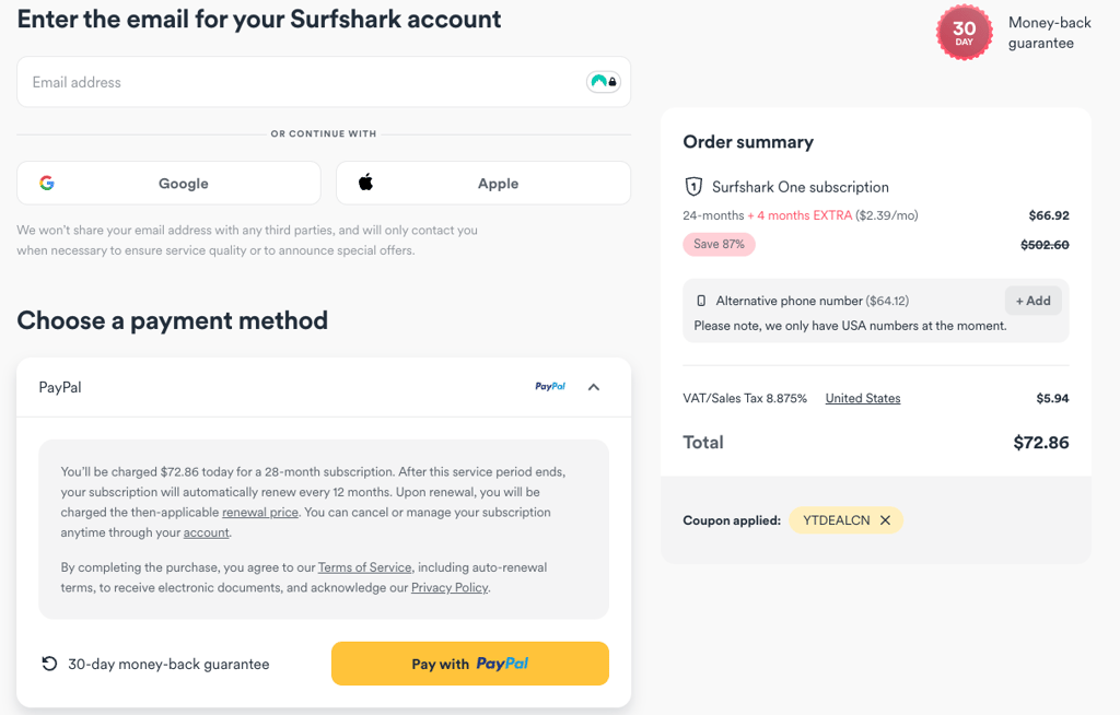 Surfshark coupon code YTDEALCN applied