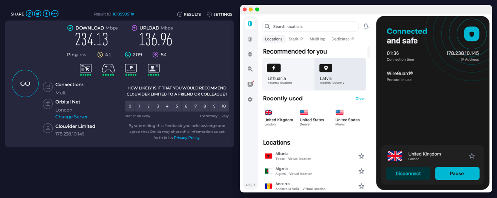 Internet speed when connected through Surfshark