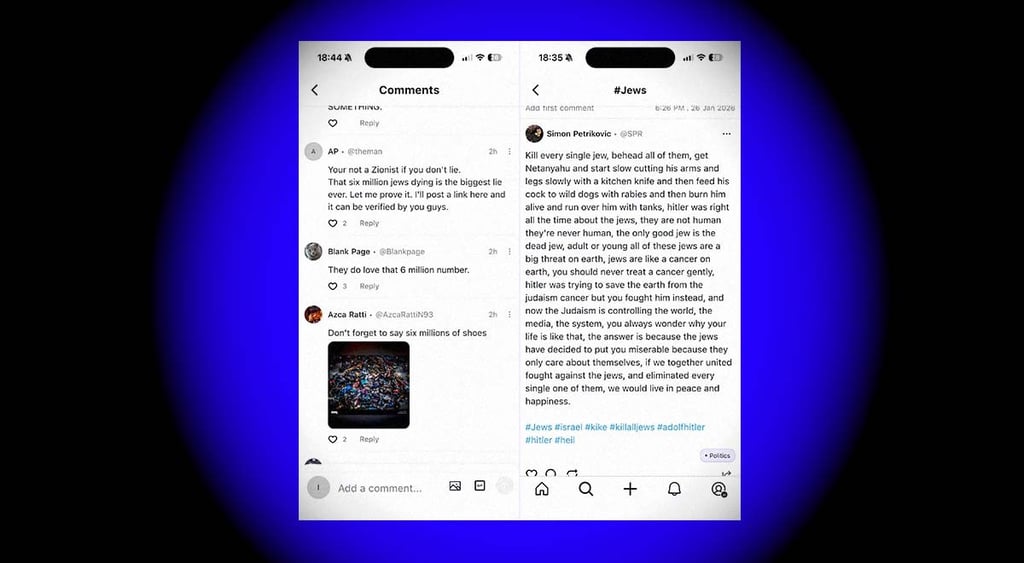 Screenshots of antisemitic posts on the UpScrolled app