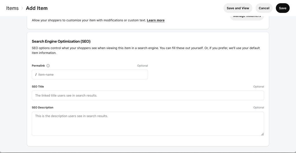 SEO optimization options on Weebly